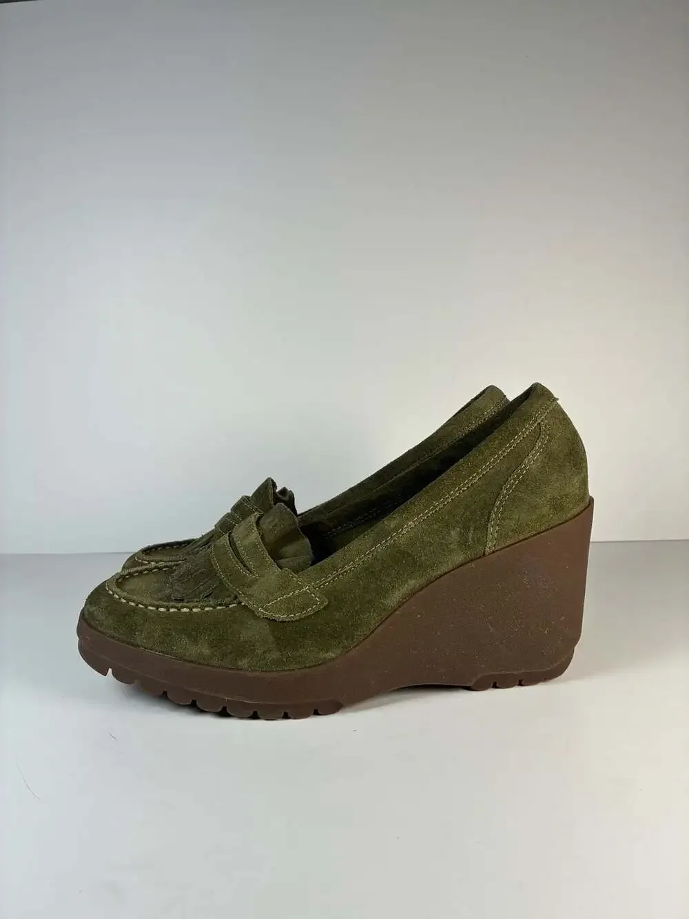 Steve Madden Olive Green Suede Fringed Wedge Loafer Pumps